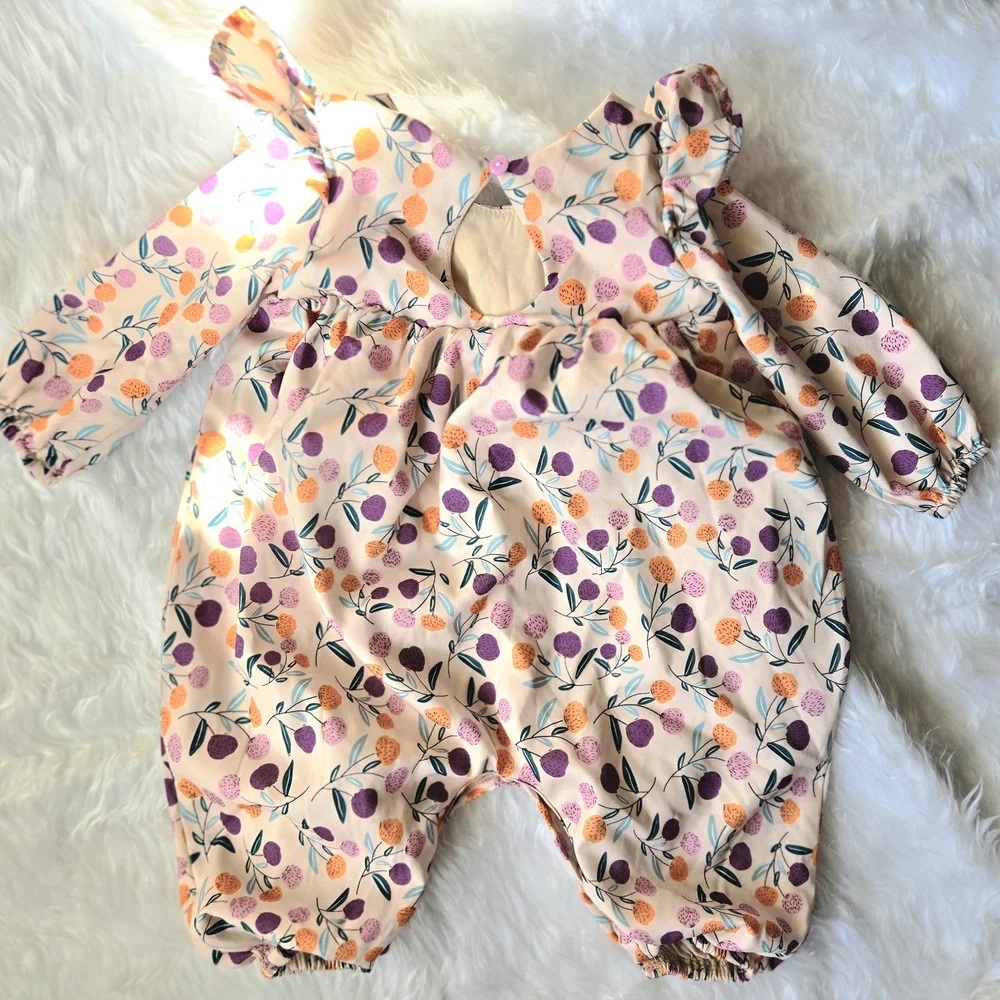 Mabel +Honey Infant Girl Charming Floral Romper Orange and Purple 9 Months